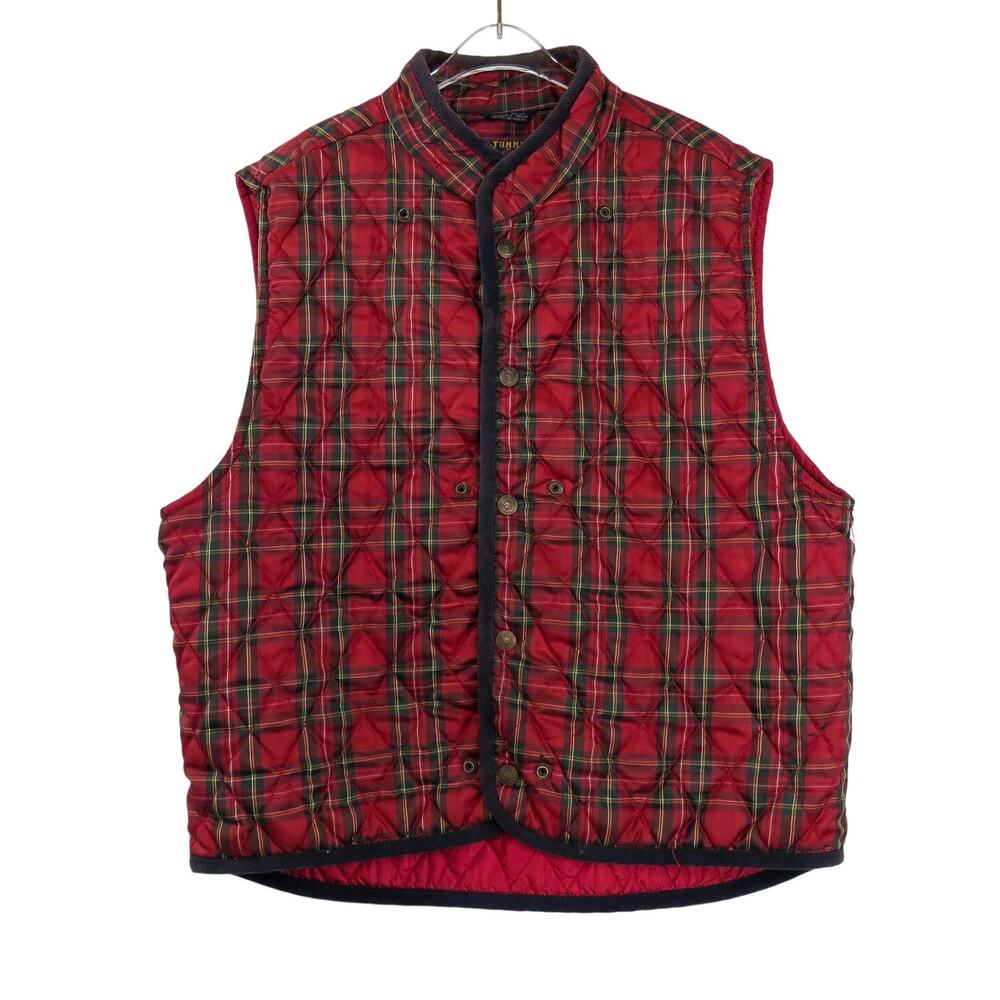 1990s Vintage Tommy Hilfiger Quilted Red Plaid Vest Size Extra Large Men's